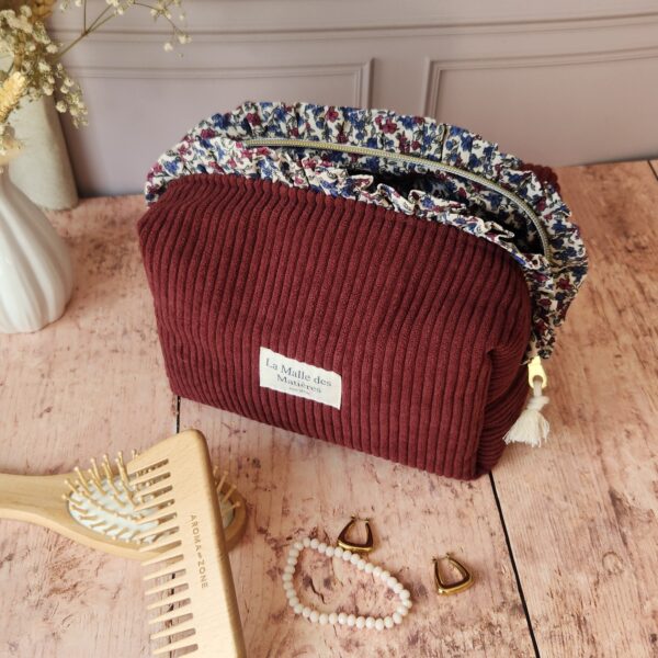 Trousse de toilette HORTENSE froufrou velours côtelé prune