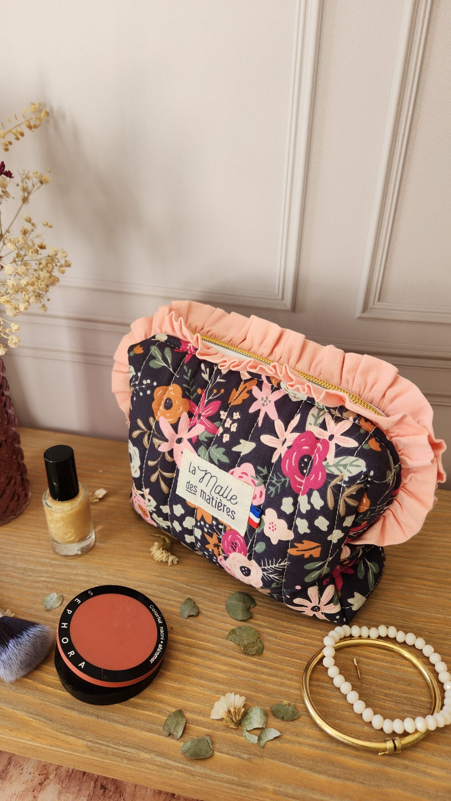 Petite trousse à maquillage MIA FROUFROU coton Olga fleurs roses fond marine