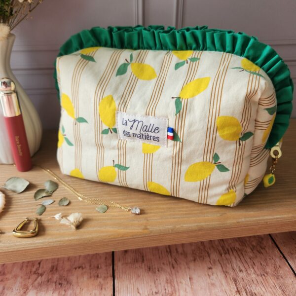 Trousse de toilette HORTENSE froufrou coton lime motif citrons fond écru