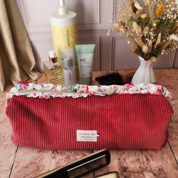 Trousse LISE froufrou velours côtelé framboise