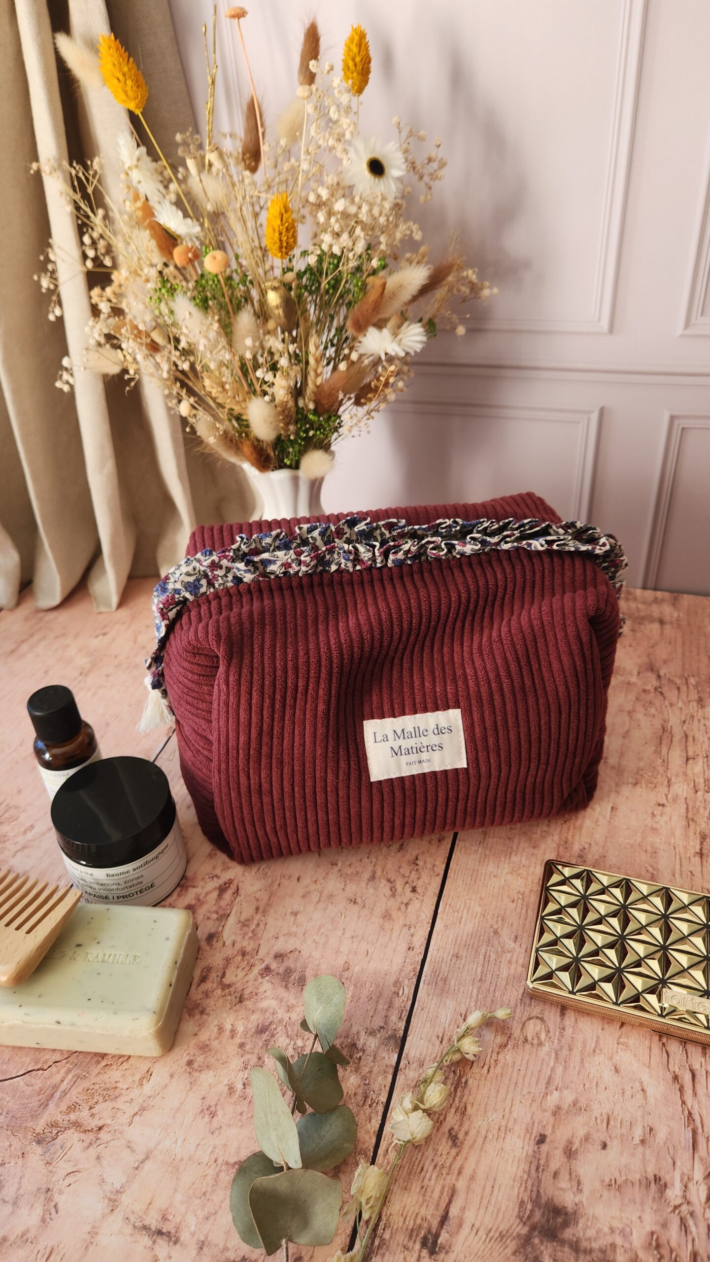 Trousse de toilette HORTENSE froufrou velours côtelé prune – Image 2